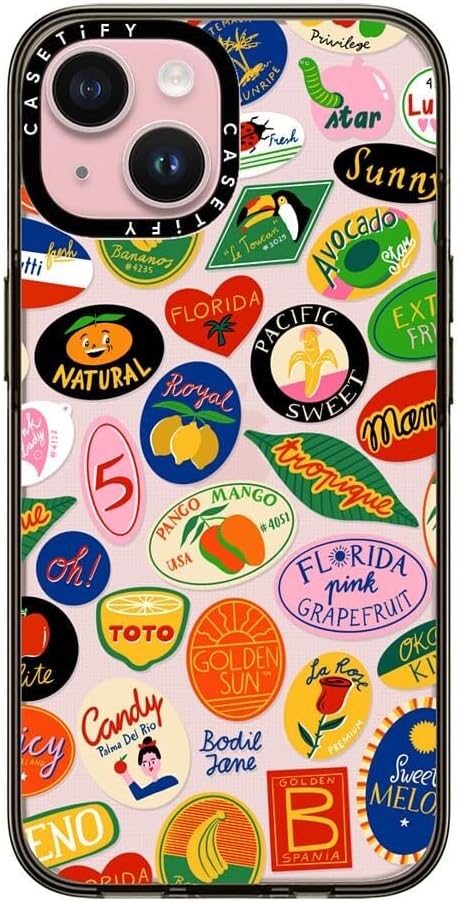 CASETiFY Compact iPhone 15 Case [4 ft. 2X Military Grade Drop Protection/Slim/Lightweight] - Fruit Stickers - Clear Black