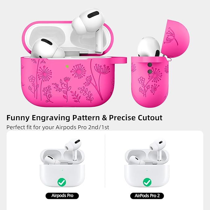 Lerobo Flower Engraved Cover for Airpods Pro 2 Case, Cute Soft Silicone Skin Full Protective Cover Compatible with Apple Airpods Pro 2nd Generation/1st Generation Case with Keychain