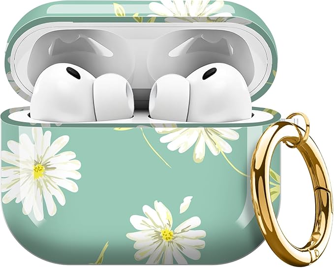 AirPod Pro 3 (2025) Case Cover for Women, Cute Shockproof TPU Protective Case with Gold Round Buckle, Anti-Drop Design Green Daisy