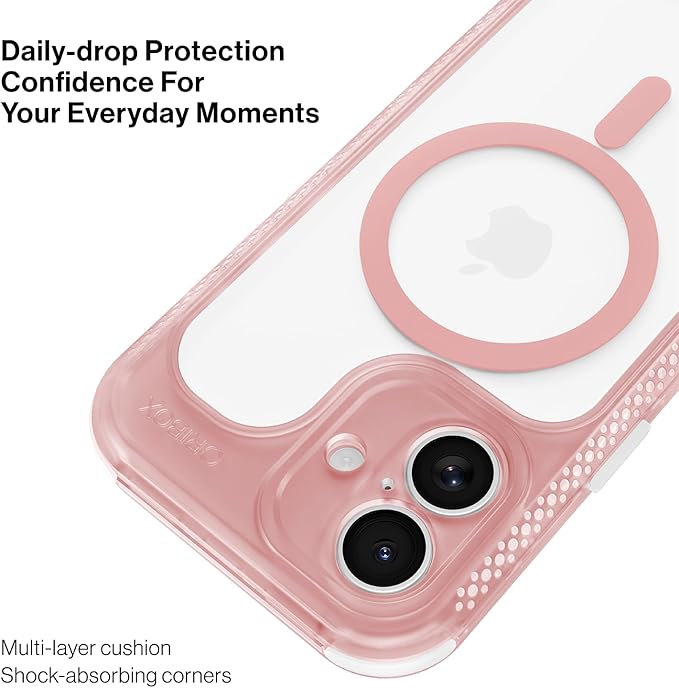 ORIbox Seralyn Series for iPhone 16 Case - MagSafe Compatible, Triple-Layer Shockproof Protection, Crystal-Clear Back with Elegant Matte Frame(6.1", Blush Rose)