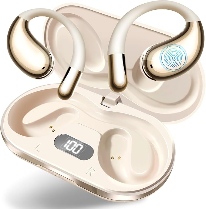 Wireless Earbuds,Open Ear Earbuds - Bone Conduction Headphones,running headphones,Waterproof Deep Bass Earphones for Fitness and Running, sports headphones,Sweat-Resistant for Workouts (Khaki White)