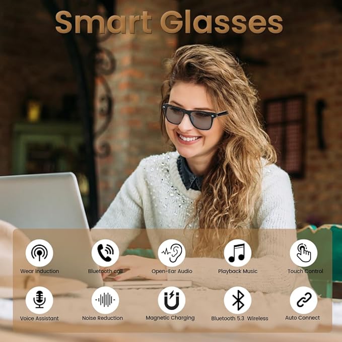 Bluetooth Audio Smart Glasses for Women Men,Polarized Bluetooth Sunglasses with Open Ear Speaker,Voice Control, Hands-Free Calls & Built-in Microphone for iPhone Android Music/Work