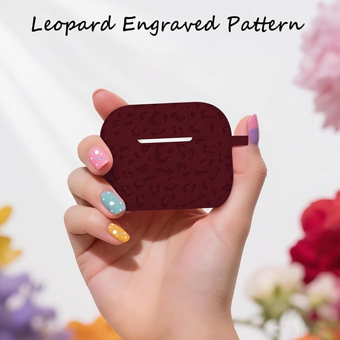 Case Compatible with AirPods Pro 3 Generation 2025 Cover with Keychain, Gawnock Engraved Leopard Skin Soft Cover for AirPods Pro 3 Case Full Protection,Front LED Visible, Wine Red