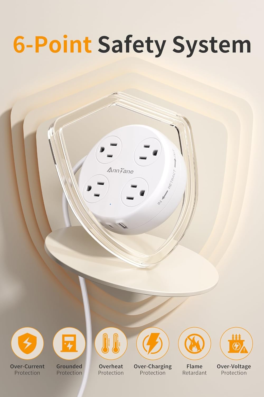 UK Travel Plug Adapter with Retractable Power Strip – 4 AC Outlets & 3 USB Ports (USB-C) | Techloop Living
