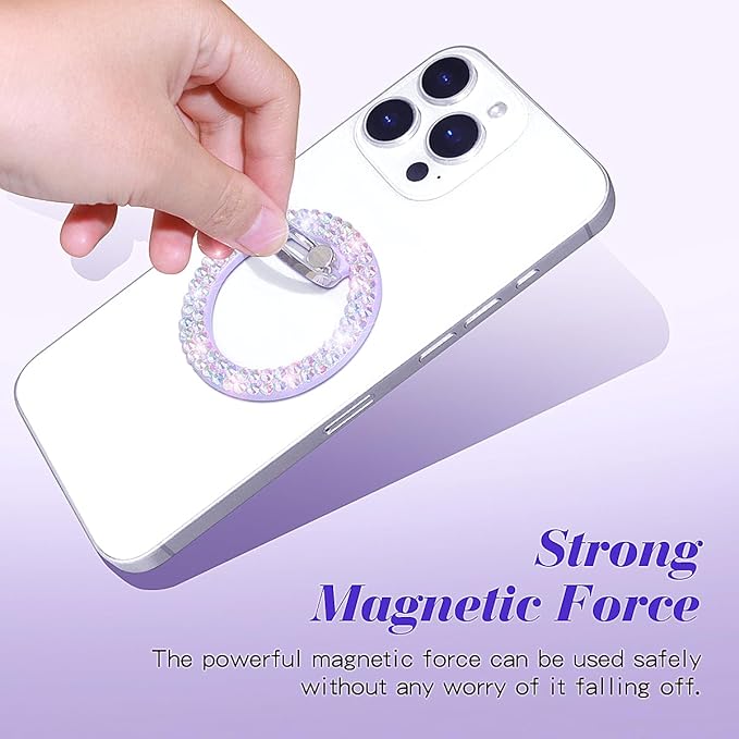 Bling Magnetic Phone Ring Holder for Mag-Safe, Glitter Magnet Cell Phone Grip Stand Sparkle Finger Ring Magnetic Compatible with iPhone 16 Pro Max 15 14 13 12 Mag-Safe Accessories（Purple）