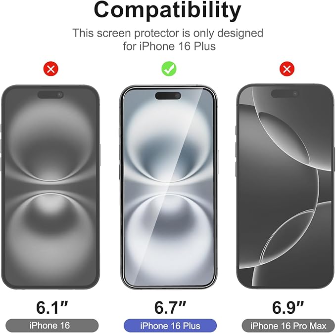 NEW'C 3x for iPhone 16 Plus Screen Protector (6.7 inches)+ 3x Camera Lens Protector, Sensor Protection, Case Friendly Tempered Glass Film + Dust Plug- Easy installation tool include
