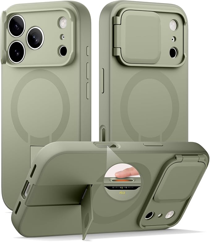 SURITCH for iPhone 17 Pro Max Case with Camera Control Cover, Camera Cover and Adjustable Kickstand, Compatible with MagSafe, Shockproof Bumper Protective Cases 6.9 Inch, Green