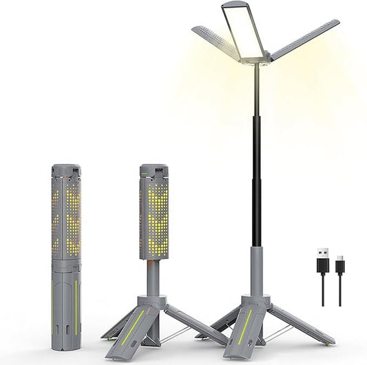 BUBRA Rechargeable Telescopic Camping Light with Power Bank & Stand, IP44 Waterproof Stepless Dimming Work Light & Flashlight, 3-Mode Portable LED Lantern for Emergency, Outdoor, Garage, Power Outages