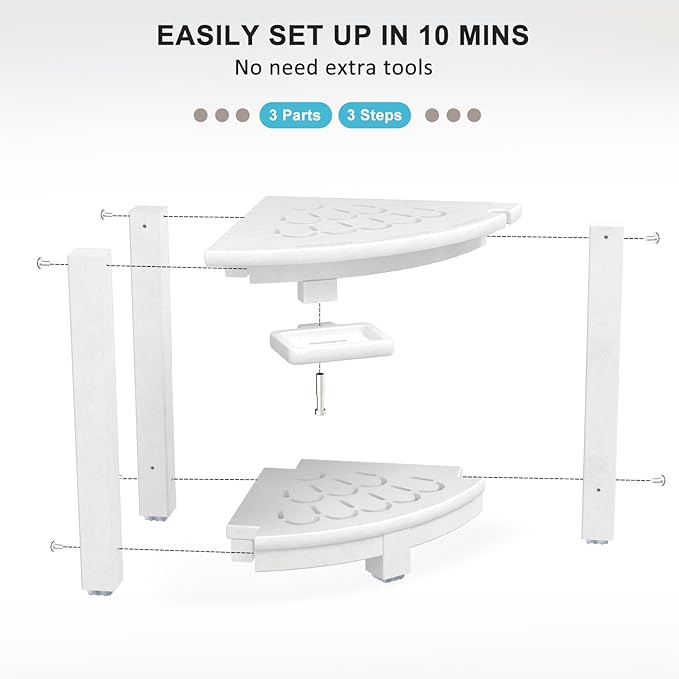 NALONE Corner Shower Stool, HDPE Shower Bench for Inside Shower, Small Shower Chair Seat for Shaving Legs with Storage Shelf, Soap Box and No-Slip Feet (White)