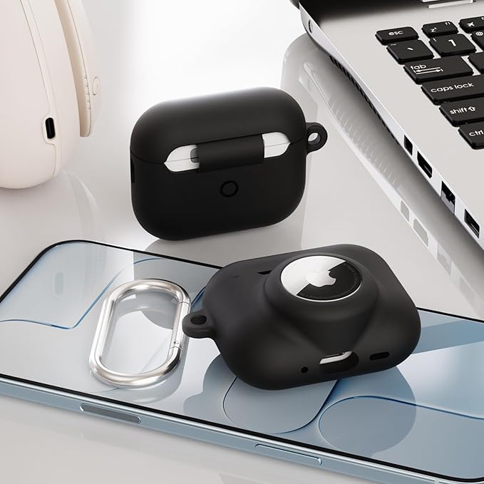 2 in 1 Silicone Case Compatible with AirPods Pro 3 and AirTag, Shockproof Protective Case Cover for AirPods Pro 3rd Generation 2025 with Cleaner Kit & Carabiner (Black)