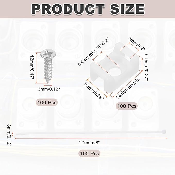 MECCANIXITY 100pcs 0.58" Cable Tie Saddle Type Mounts Base with 8" Cable Zip Ties and M3 Tapping Screws, Wire Organizer Holder Clamps Set, White
