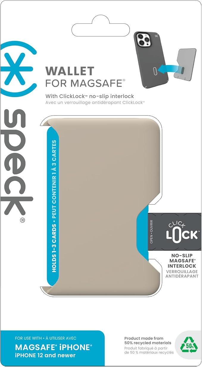 Speck iPhone Wallet MagSafe Accessory - Removable ClickLock No-Slip Interlock - Holds 1-3 Cards - Soft Touch Finish, Scratch Resistant Card Holder Built for MagSafe - Pale Oak/Dark Umber