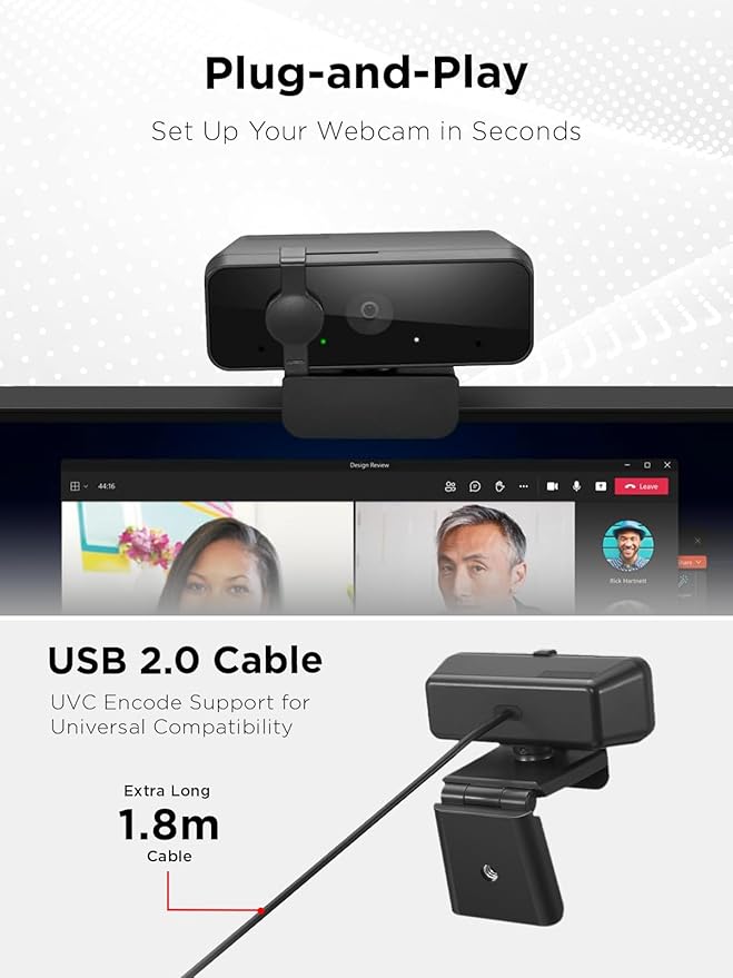 Lenovo 310 FHD Webcam, 1080p, FHD Resolution @30 FPS, Plug-and Play USB Connectivity, 1.8M Cable, 2 Integrated Microphones, External Privacy Shutter, Black