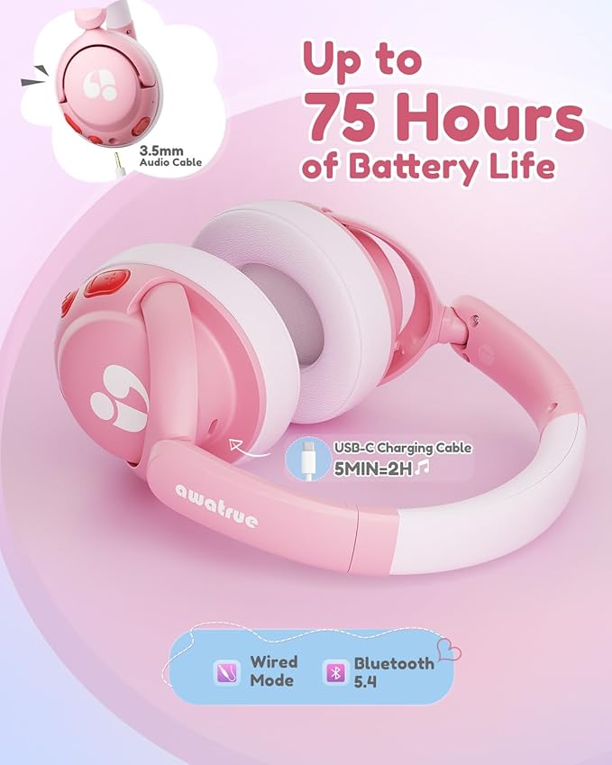 Kids Bluetooth Headphones, 85dB Volume Limiter, Foldable Wireless Over-Ear Headphones for iPad, Travel, 75H Playtime, Bluetooth 5.4, Built-in Mic, Pink