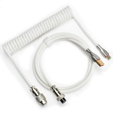 Braided Keyboard Cables 1.5m Coiled Type-C to USB A with Detachable Aviator Connector.for Gaming Keyboard/Tablet (White)