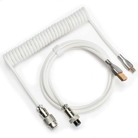 Braided Keyboard Cables 1.5m Coiled Type-C to USB A with Detachable Aviator Connector.for Gaming Keyboard/Tablet (White)