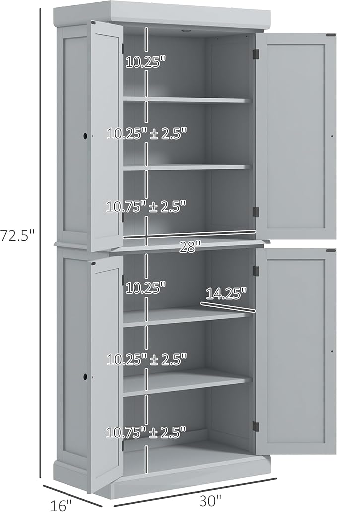 HOMCOM 72.5" Freestanding Kitchen Pantry Cabinet, Tall Storage Cabinet with 4 Doors and 2 Adjustable Shelves for Dining Room, Gray