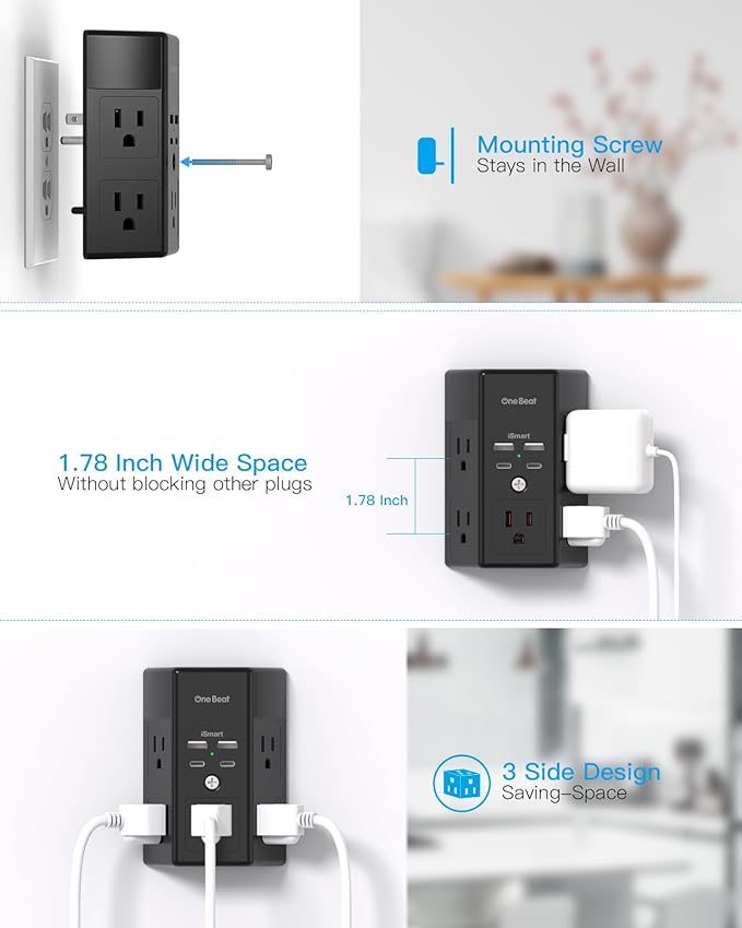 Multi Plug Outlet, Surge Protector, 5 Outlet Extender with 4 USB Ports (2 USBC), PD 20W USB Wall Charger, 3-Sided 1800J Power Strip Outlets Splitter Wall Plug Adapter Spaced for Home Office, Black