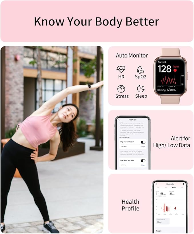 RERE ASW2 Smart Watch (Answer/Make Call), Alexa Built-in, 1.69" Fitness Tracker with 60 Sports Mode, Heart Rate, Blood Oxygen, Sleep Monitor, Fit for Android and iPhone, IP68 Waterproof, Pink