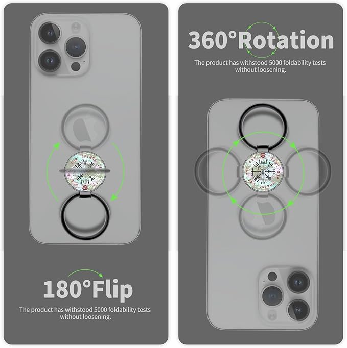Carveit Natural Shells Cell Phone Ring Holder Metal Phone Kickstand Grip for iPhone 16 Pro Max/15/14 & Galaxy S23/S24/S25 Ultra & Pixel 8/9 -Black-The Guiding Vegvisir