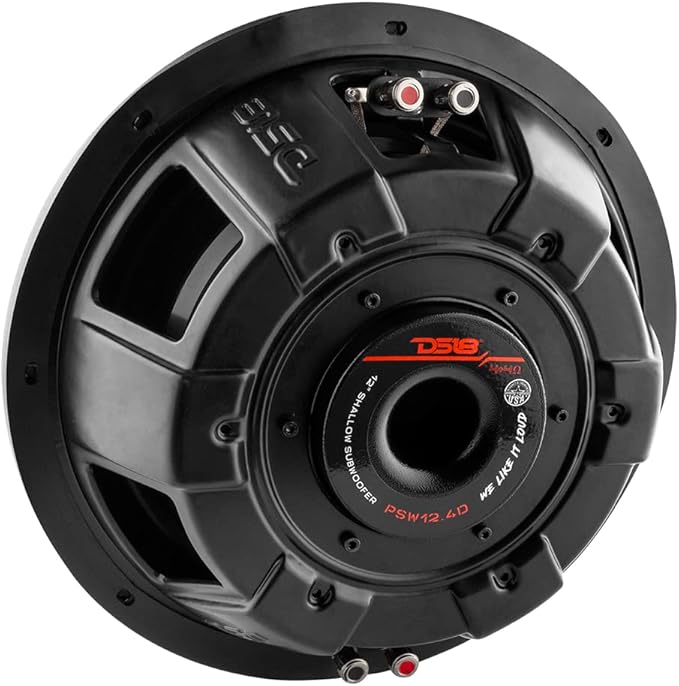 DS18 PSW12.4D 12" Shallow Mount Subwoofer 1200 Watts Max Power 600 Watts RMS Dual Voice Coil 4+4 OHMS Water Resistant - Best Sub for Tight Spaces in Car & Trucks - 1 Speaker