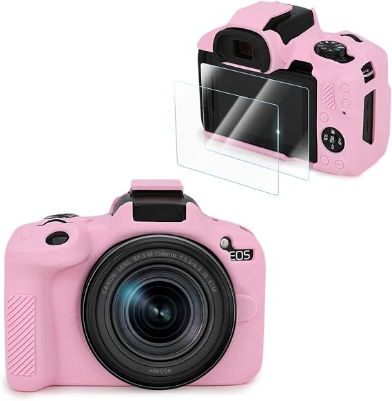 VOVMOEYA Compatible with Canon EOS R50 Camera Case Accessories kit[with 2 LCD Tempered Films],EOS R50 Silicone Protective Case Digital Camera case Enhanced Grip Sensation Lightweight 9H 0.25mm-Pink