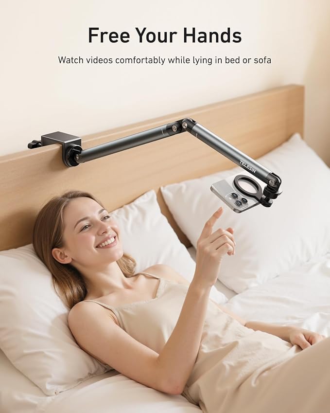 Magnetic Phone Holder for Desk & Bed – Black, 360° Adjustable Long Arm Tablet Stand with Strong N52 Magnet for iPhone, Android & iPad