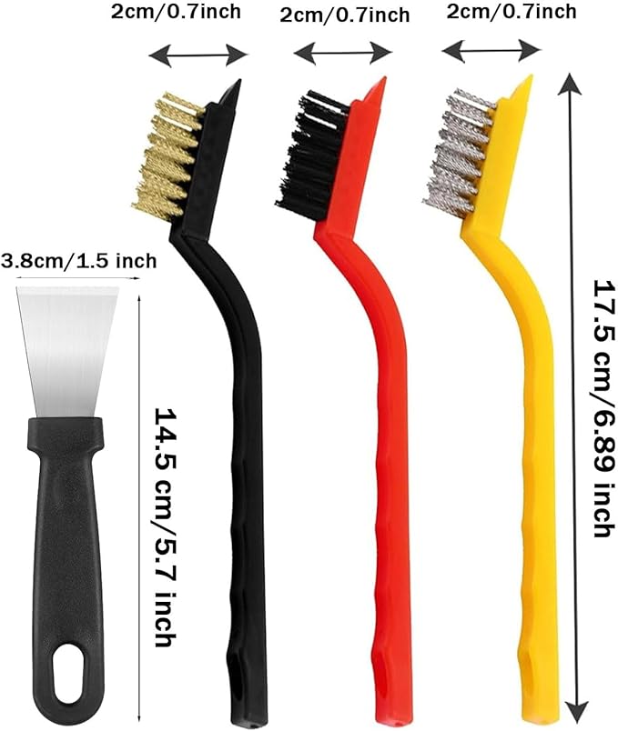 Crevice Cleaning Brush, Hard Bristle Crevice Cleaner Brush, Small Metal Wire Brush with Curved Handle Grip for Rust, Dirt Paint Cleaning, Paint and Stain (Yellow, Red, Black, 4 Pack)