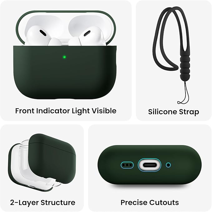 ORNARTO Compatible with AirPods Pro 3 Case 2025, Full Protective Hybrid Silicone for AirPods Pro 3rd Generation Case, Front LED Visible Skin Cover-Mystic Green
