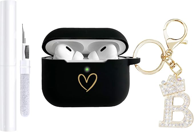 Compatible with AirPods Pro 3 Case Cover (2025), Soft Silicone Case with Gold Heart Pattern for AirPods Pro 3rd Generation Case with Rhinestone Studded Letter A-Z Keychain (B Black)