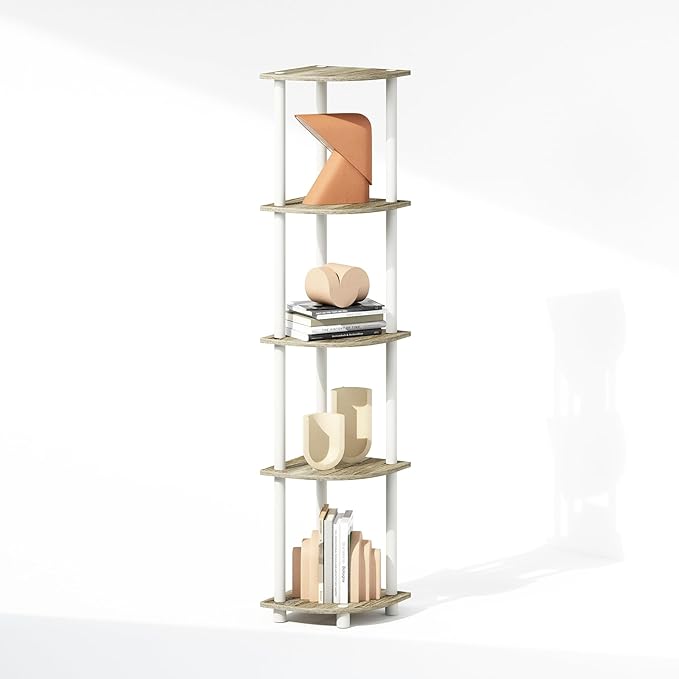 Furinno Turn-N-Tube Corner Shelf, 5-Tier Corner Display Rack, Shelving Unit, for Organization and Storage, Living Room, Home Office, Garage, Bedroom, Sonoma Oak