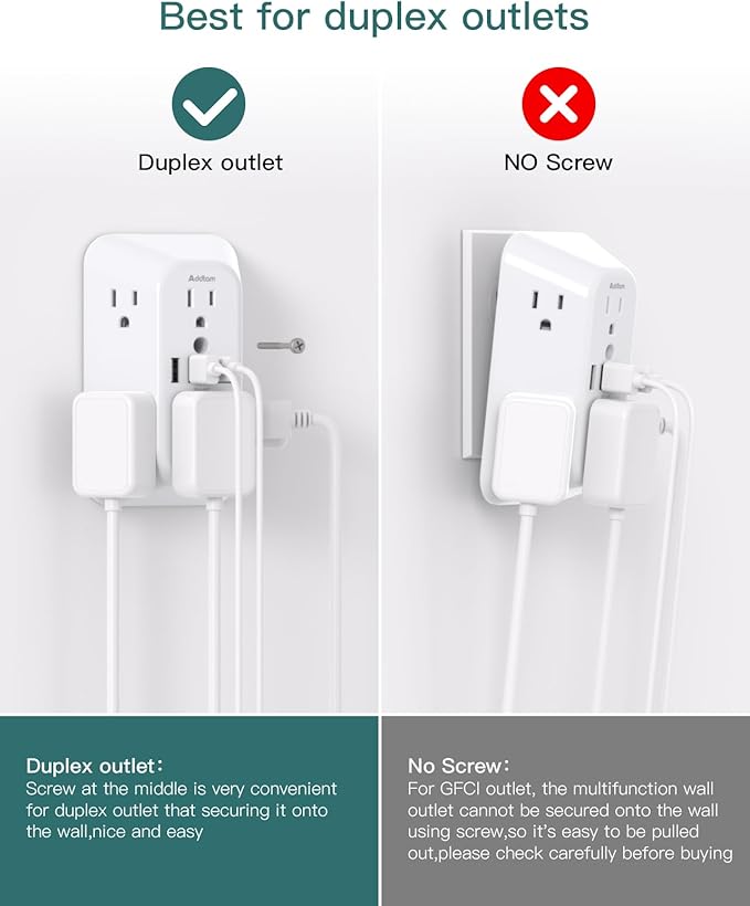 Addtam Surge Protector Outlet Extender, 6-Outlet Splitter with 4 USB Wall Charger(PD 20W), Multi Plug Wall Outlet 1800J Power Strip for Home Office Dorm Room Essentials, White