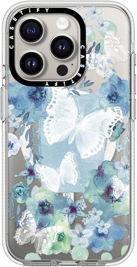 CASETiFY Clear iPhone 15 Pro Case [Not Yellowing / 6.6 ft. 3X Military Grade Drop Protection/Compatible with Magsafe] - My Blue Butterfly Garden - Clear