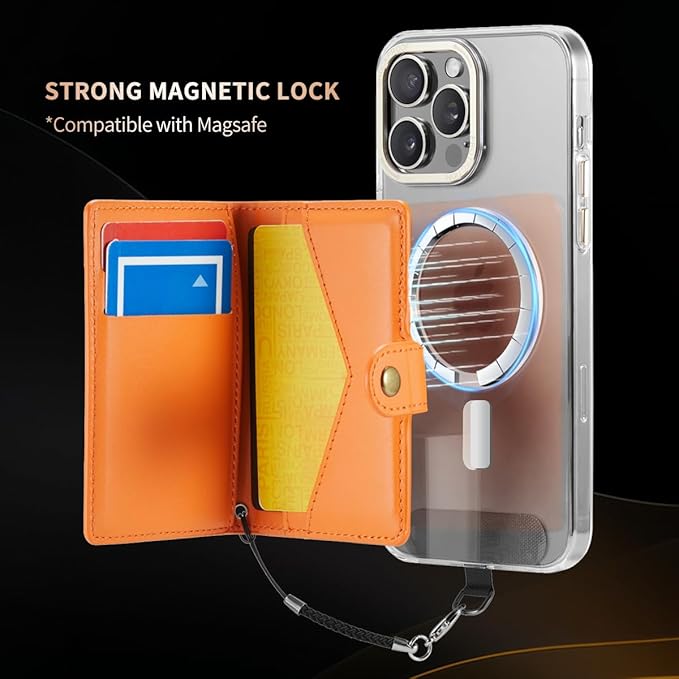 for Apple Magsafe Wallet,PU Leather Magnetic Wallet for iPhone 16/15/14/13/12 pro Max/Mini/plus,5 Card Holders with RFID Blocking (Orange)