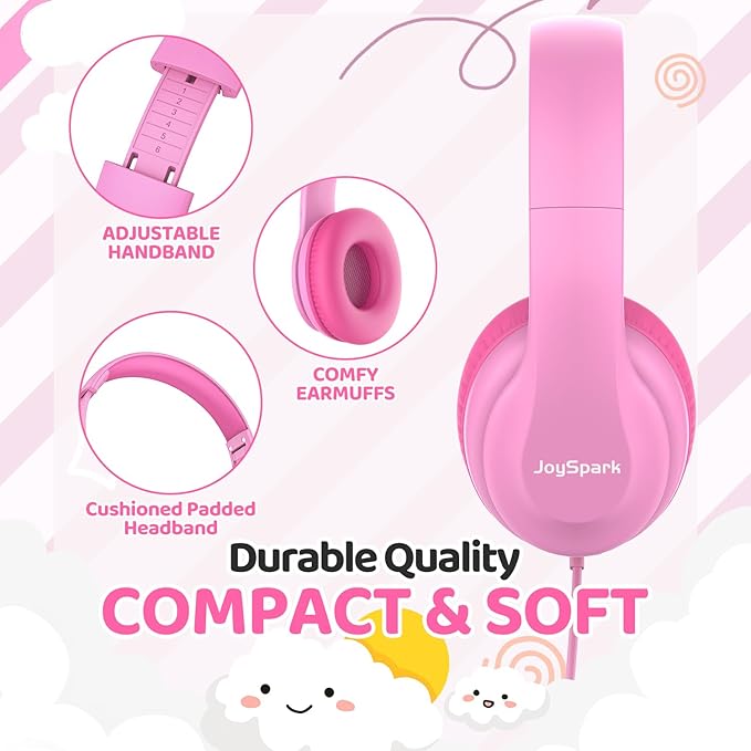 Wired Headphones for Kids, 85dB Volume Limit, 3.5mm Kids Headphones with Cord, Adjustable, Stereo Sound Foldable Toddler headsets for School-Pink