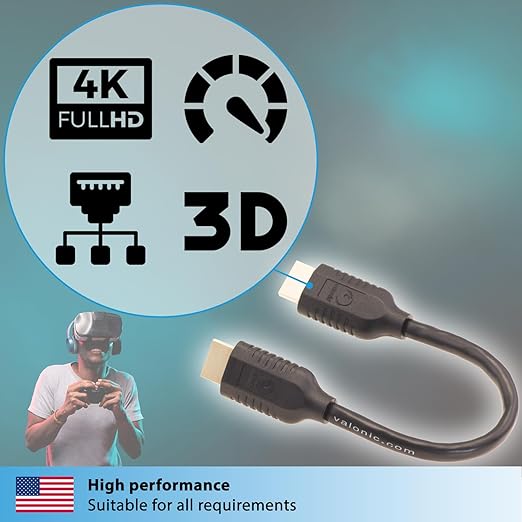 valonic Short HDMI Cable - 0.6 ft, 4k, high Speed, Ultra HD, ethernet - Compatible with Nintendo, PS5, TV, PS4, Xbox, Black, Small, Thin