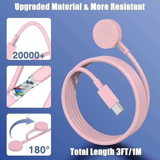 2Pack for Apple Watch Charger USB C Magnetic iWatch Charger Cable Fast Charging Cord Compatible with Watch Ultra2 Ultra Series 9 8 7 6 SE SE2 5 4 3 2 1-3FT(1M) Pink