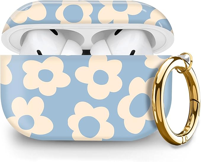 Compatible with Airpod pro 2nd/1st Generation Case Cover with Gold Round Keychain Cute Pattern Hard & Anti Slip Cover for Men Women & Girls(Blue Flower)