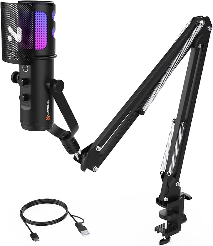 NearStream RGB USB Condenser Gaming Microphone for PC with Boom Arm (AM30U)