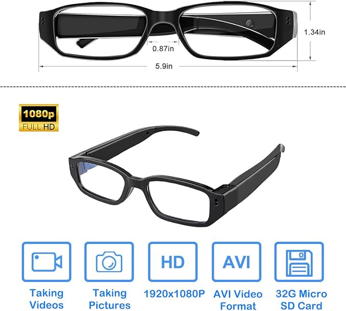 Smart Glasses with Camera, Video Recording and Photo Taking, Recording Glasses 1080P HD 32GB Memory Card Video Camera Glasses for Men Women Cycling Hiking Travel, No Bluetooth NO WiFi No App