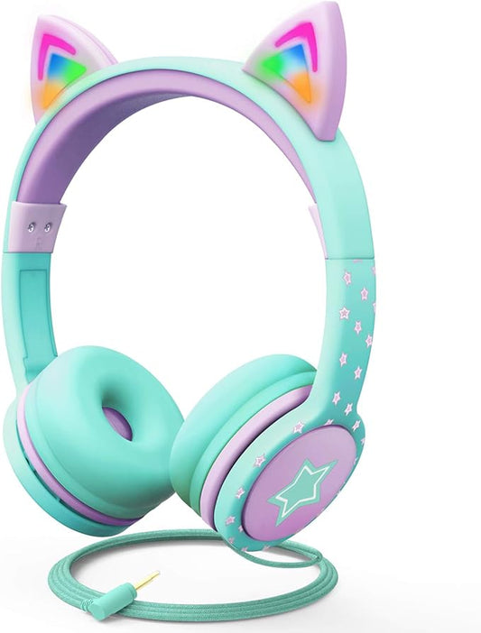 FosPower Kids Headphones with LED Cat Ears (85dB Safe Volume Limit), 3.5mm Soft On-Ear Wired Headphones with Tangle-Free Laced Cables for iPad/Tablet/School/Travel - Teal/Light Purple