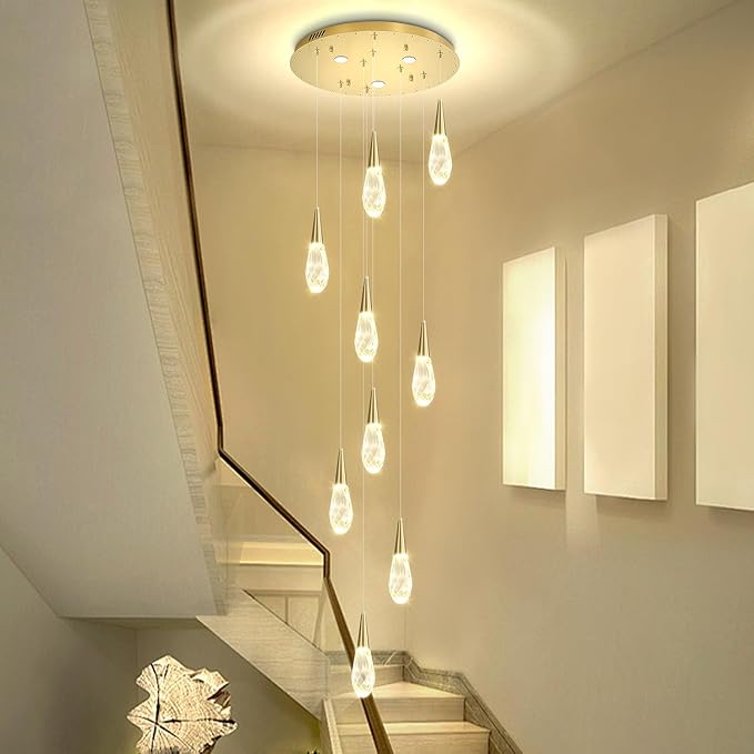 H98 Modern Chandelier for Stairway 9-Lights Crystal Raindrop Chandelier Gold Pendant Light for Staircase Living Room Entryway LED Dimmable High Ceiling Chandeliers with Remote