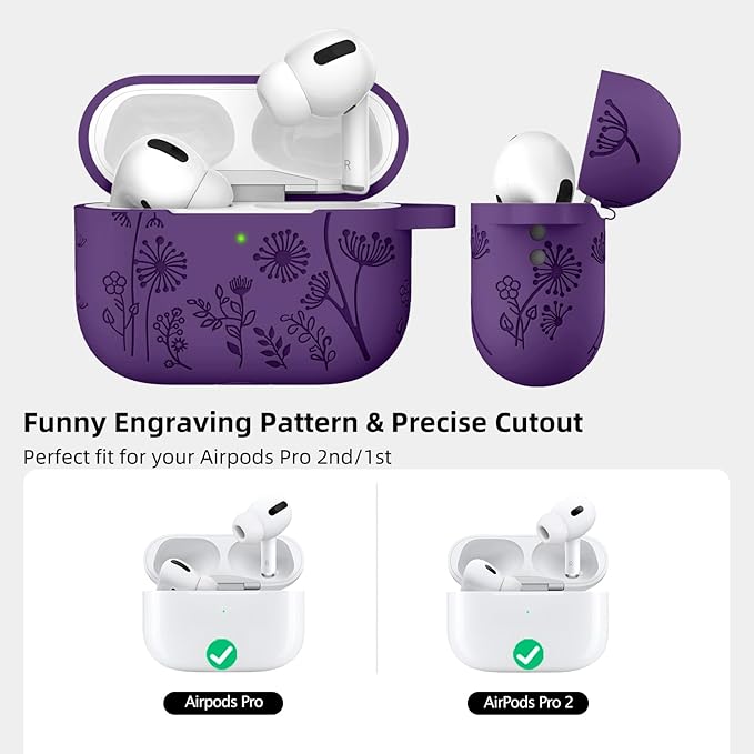 Lerobo Flower Engraved Case for Airpod Pro/Airpod Pro 2, Cute Silicone Skin Full Protective Cover Compatible with Apple Airpods Pro 2nd/1st Generation with Keychain Purple