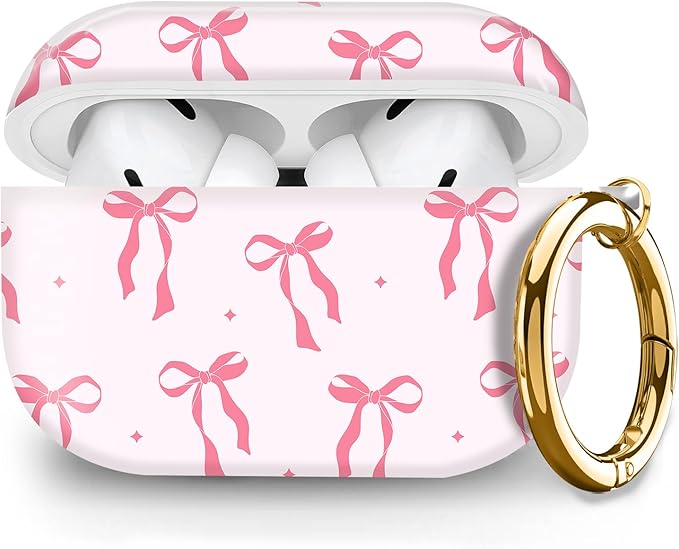 Cute Hard Case Compatible with AirPods Pro 2nd/1st Generation, Protective Cover with Golden Keychain, Fits 2023/2022/2019 Models, for Women, Girls, and Men(Pink Ribbon Bow)