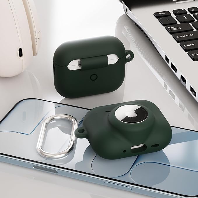 2 in 1 Silicone Case Compatible with AirPods Pro 3 and AirTag 2/1, Shockproof Protective Case Cover for AirPods Pro 3rd Generation 2025 with Cleaner Kit & Carabiner (Dark Green)