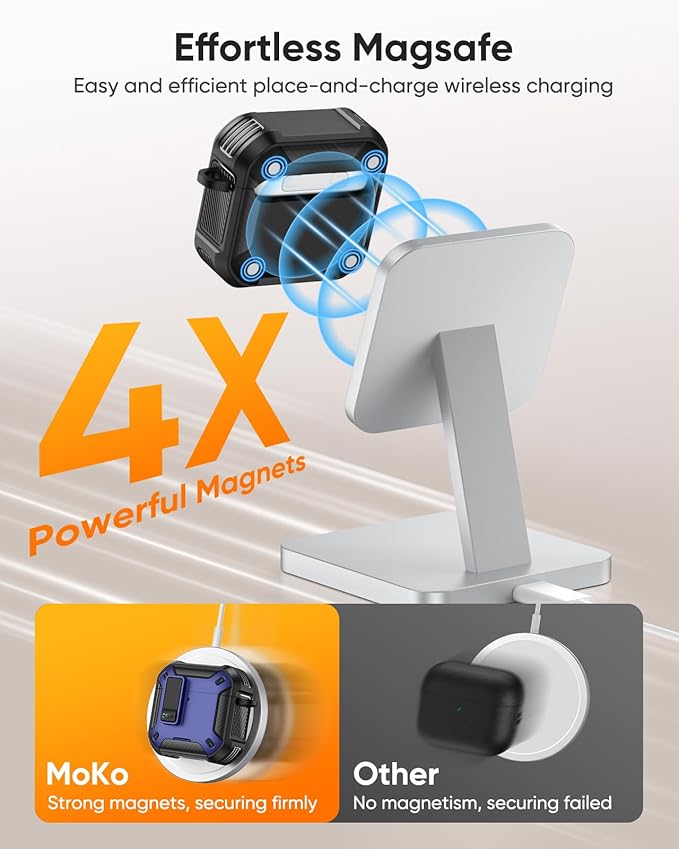 MoKo for AirPods 4 Case with Lock 2024 - Compatible with MagSafe, Phone Stand & Auto Pop-up for AirPods 4th Generation Case, Military-Grade Protective Cover with Cleaner Kit, Dark Blue+Black