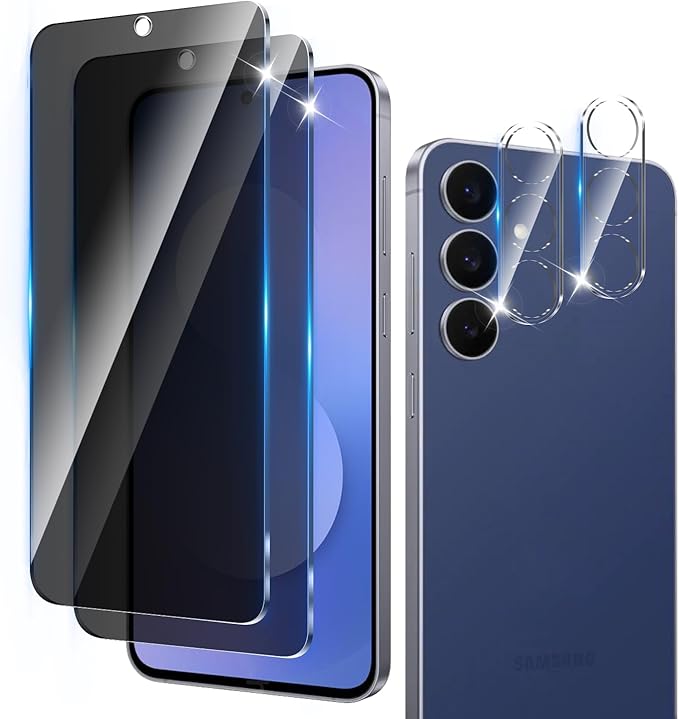 2+2 Pack Privacy Screen Protector Designed for Samsung Galaxy S25 FE 5G With 2 Pack Camera Lens Protector,Full Coverage Anti-Spy Tempered Glass Film,9H Hardness,Bubble Free,Easy to Install