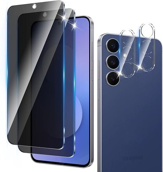 2+2 Pack Privacy Screen Protector Designed for Samsung Galaxy S25 FE 5G With 2 Pack Camera Lens Protector,Full Coverage Anti-Spy Tempered Glass Film,9H Hardness,Bubble Free,Easy to Install