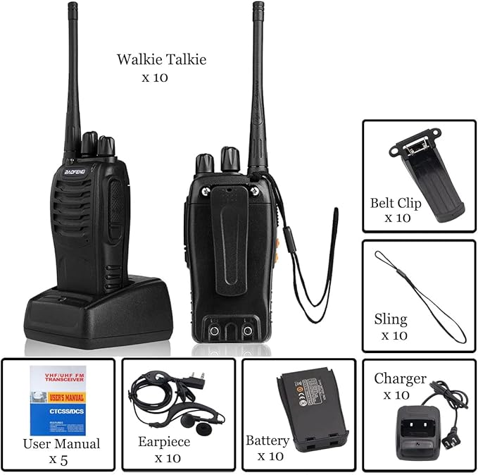 Baofeng Walkie Talkies Two-Way Radios bf-888s for Adults Long Range Rechargeable Communicator Handheld Professional UHF Interphone 10 Pack Walky Talky Set with Earpiece,Li-ion Battery and Charger