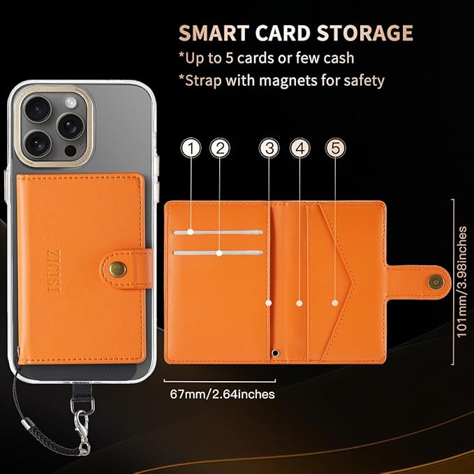 for Apple Magsafe Wallet,PU Leather Magnetic Wallet for iPhone 16/15/14/13/12 pro Max/Mini/plus,5 Card Holders with RFID Blocking (Orange)